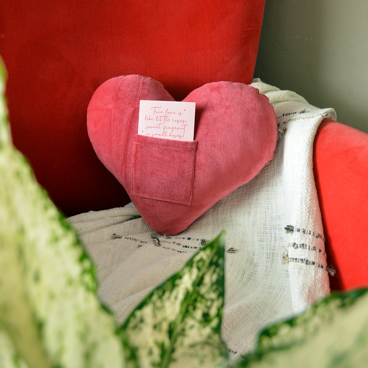 Velvet heart Shaped Cushion with Pocket