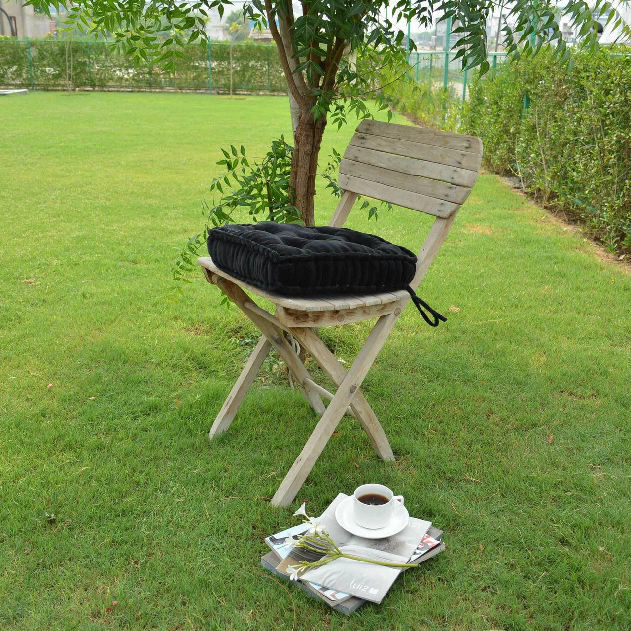 Black Cotton Velvet square Chair pad with ties