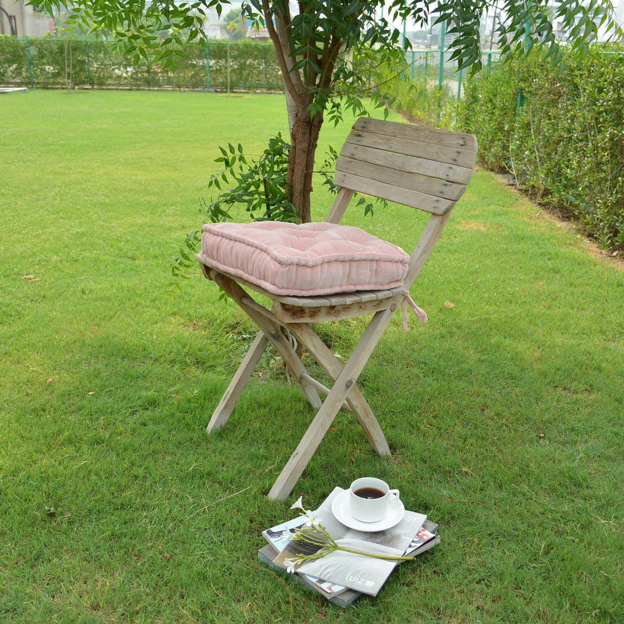 Blush Cotton Velvet square Chair pad with ties