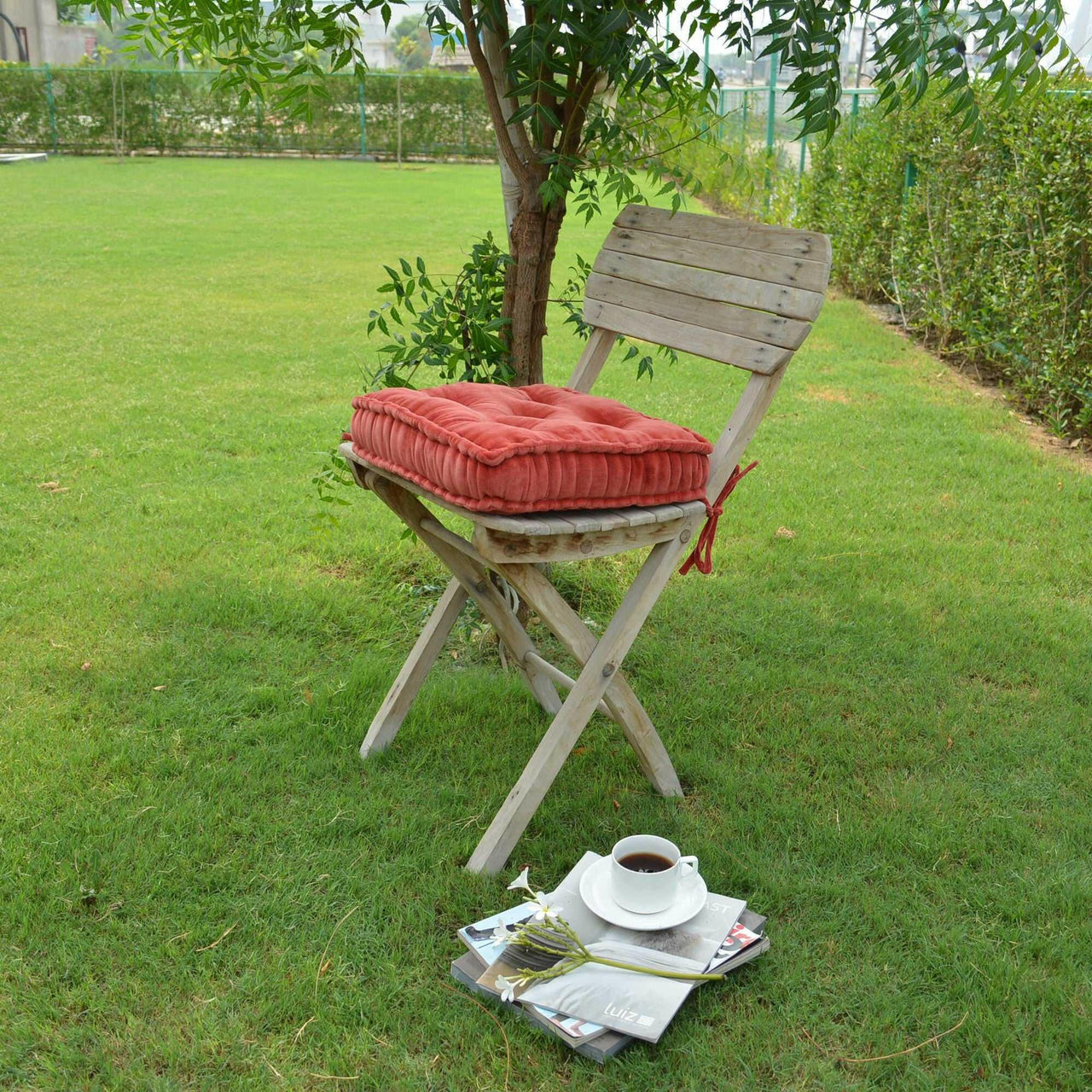 Burnt orange Cotton Velvet square Chair pad with ties Knilot