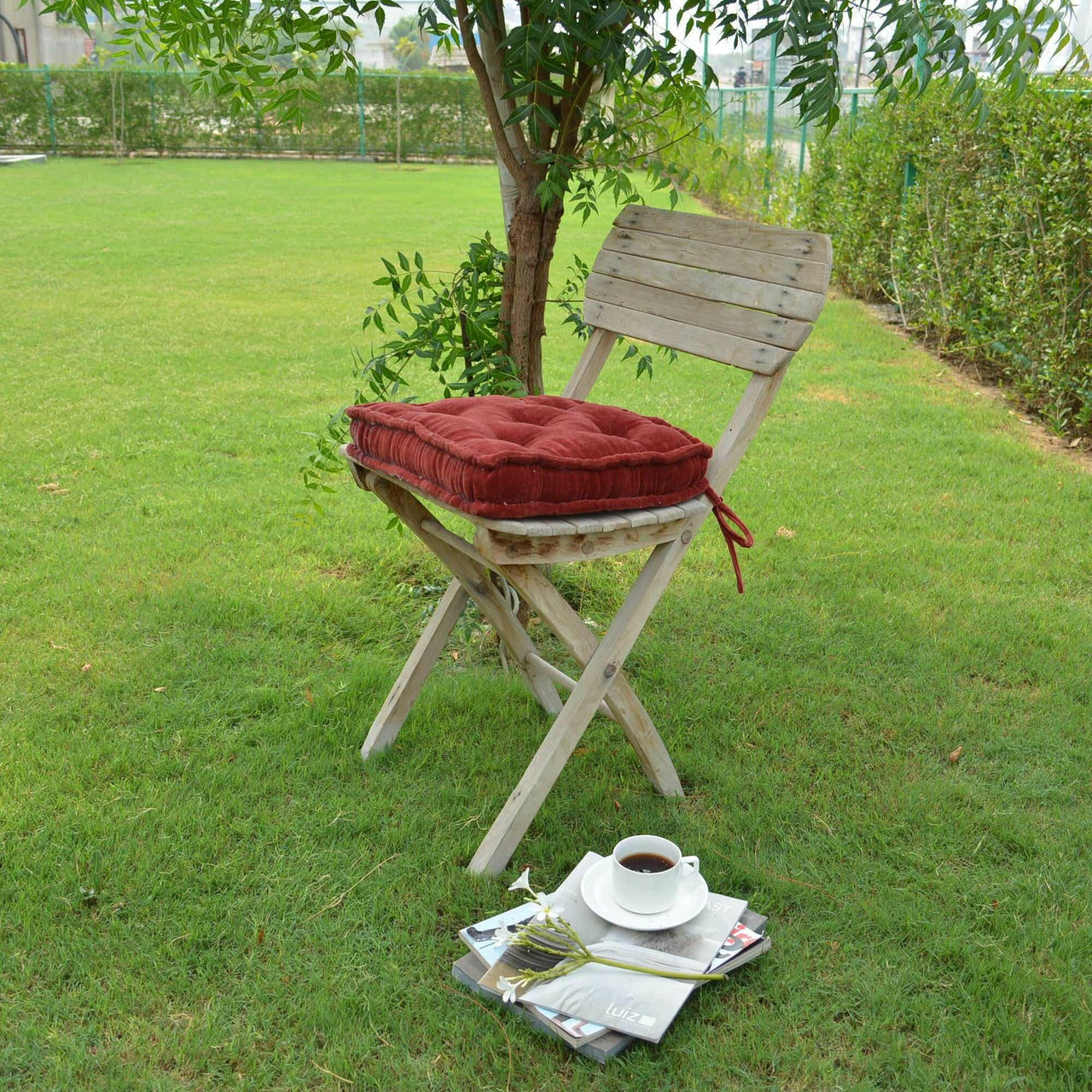 Dark red Cotton Velvet square Chair pad with ties