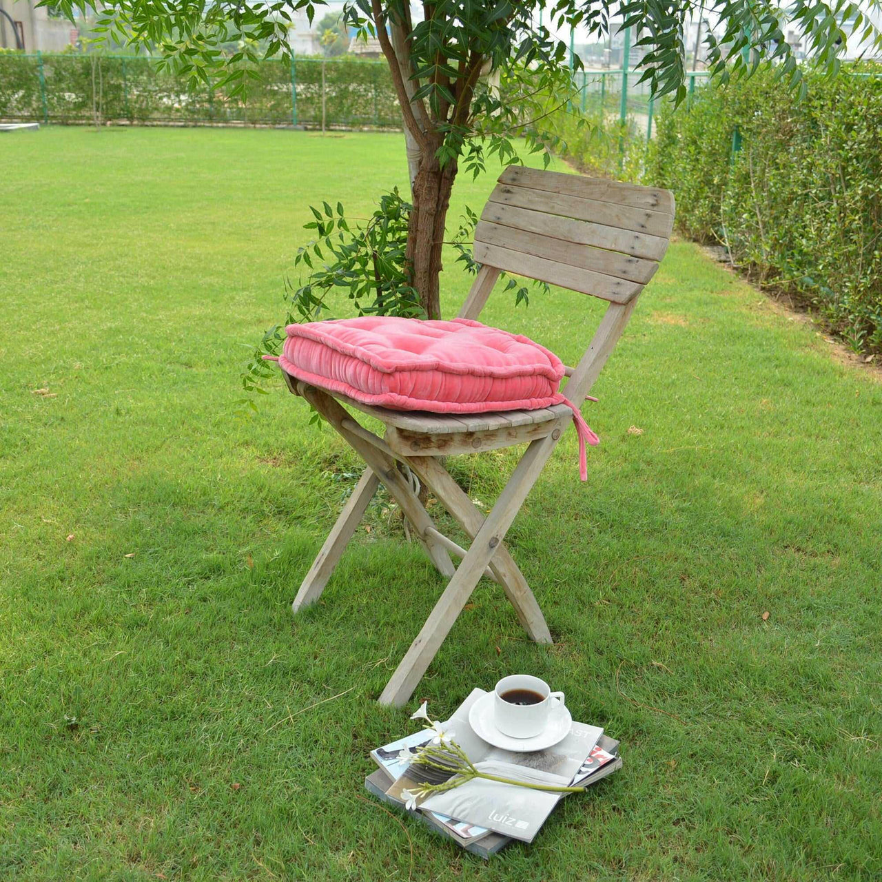 Dark rose Cotton Velvet square Chair pad with ties