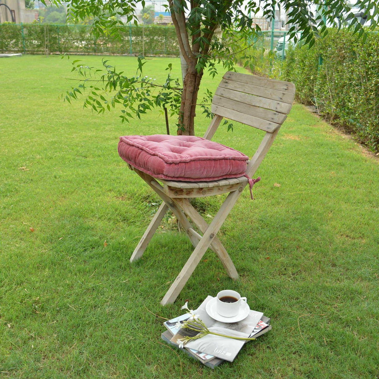 Dusty pink Cotton Velvet square Chair pad with ties