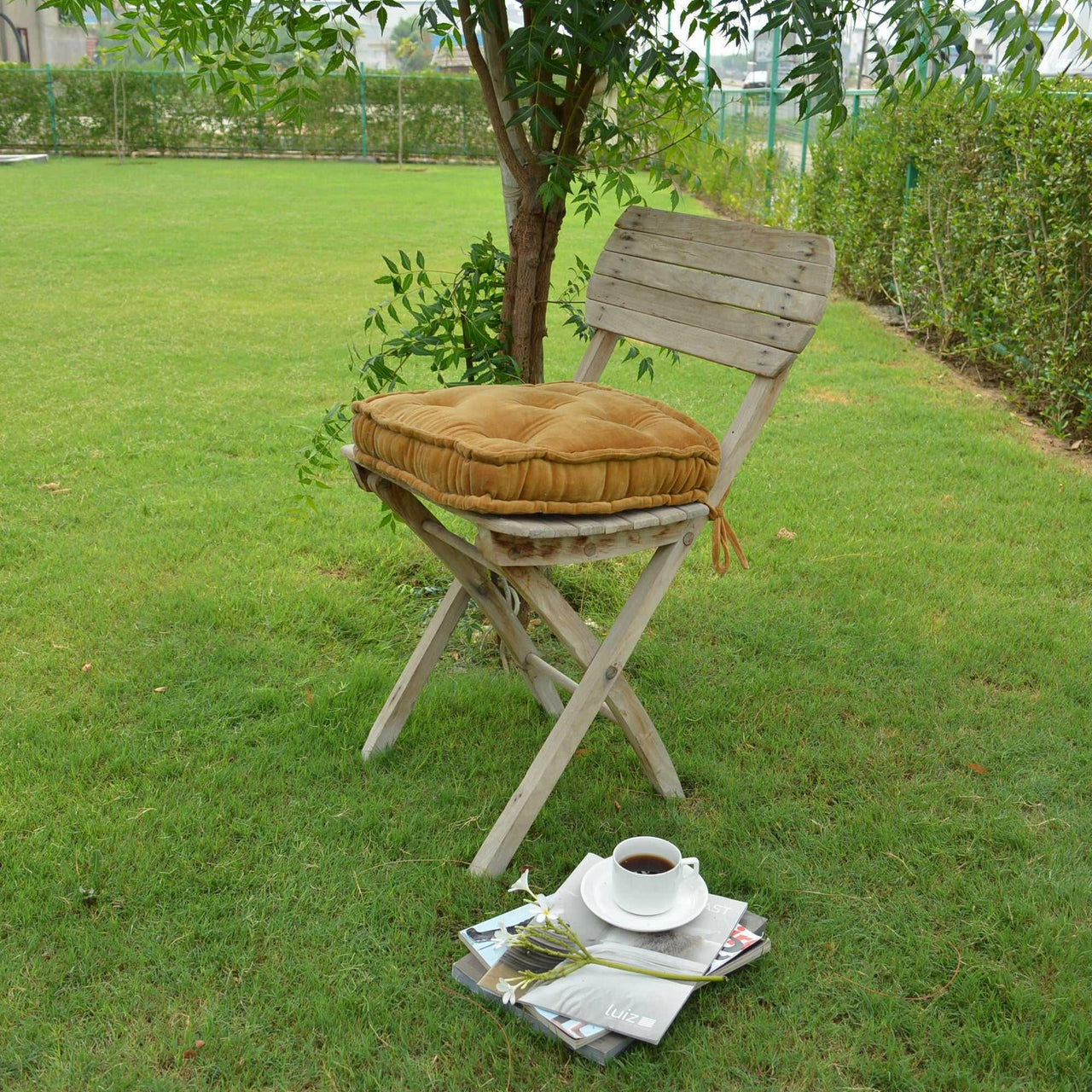 Golden mustard Cotton Velvet square Chair pad with ties