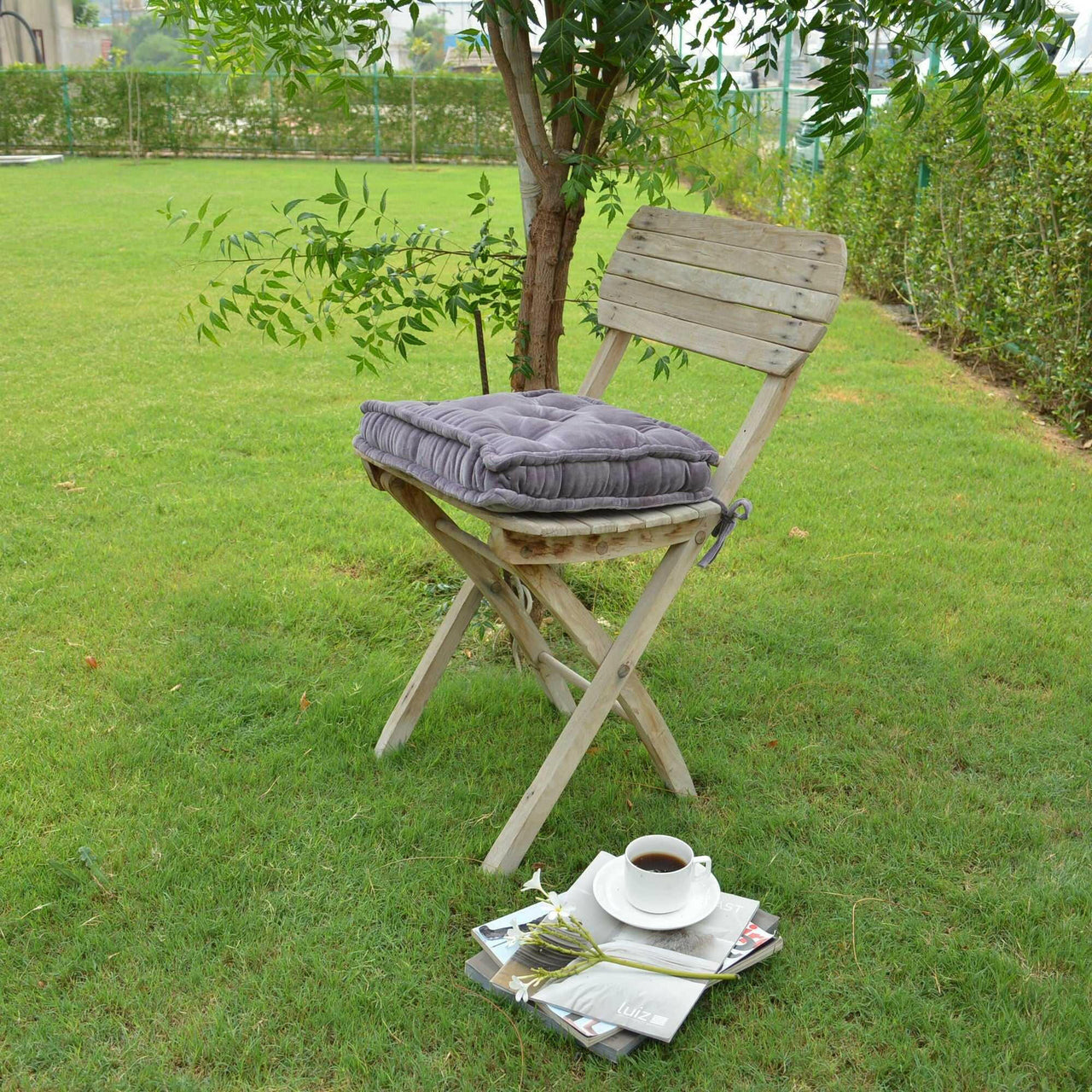 Light grey Cotton Velvet square Chair pad with ties