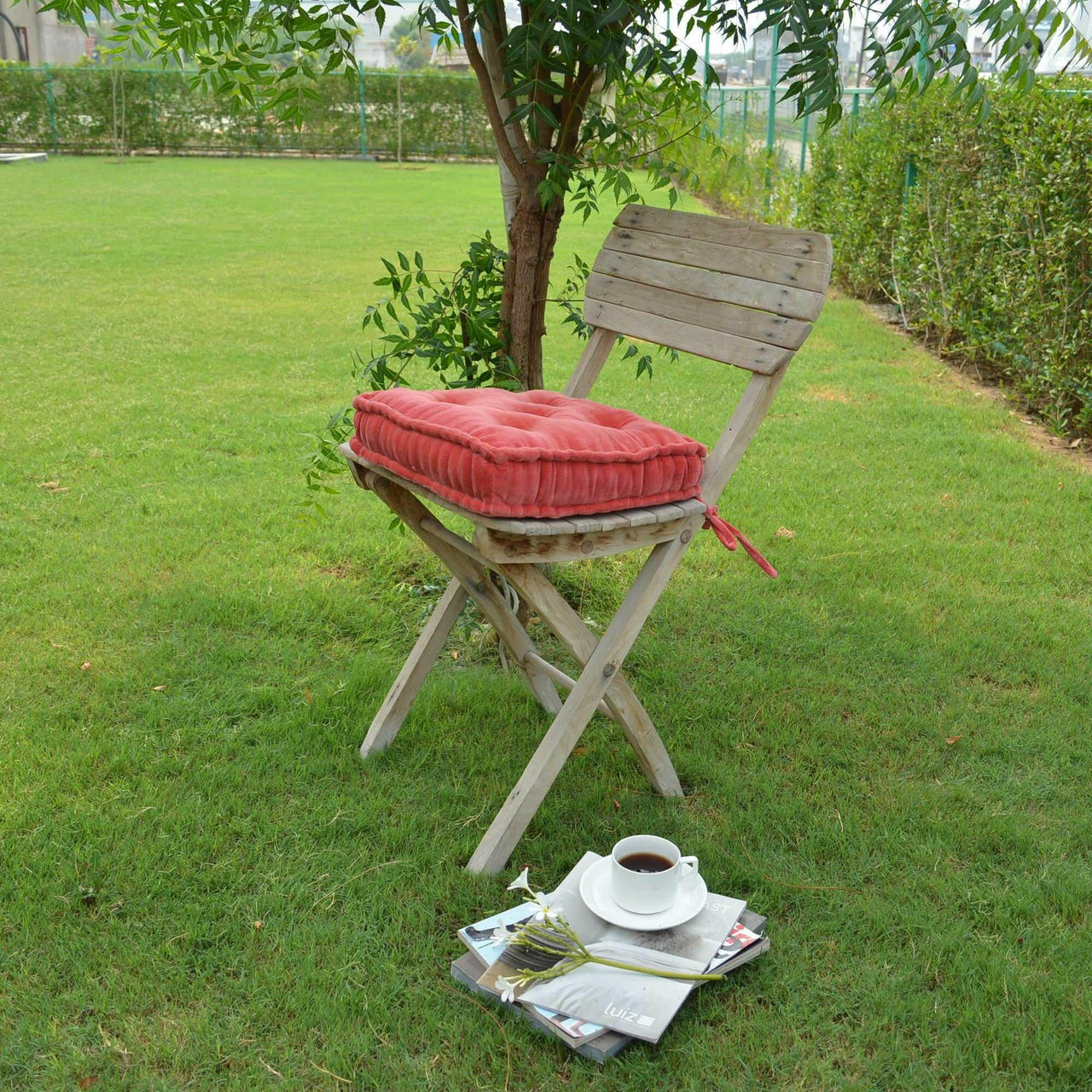 Light red Cotton Velvet square Chair pad with ties