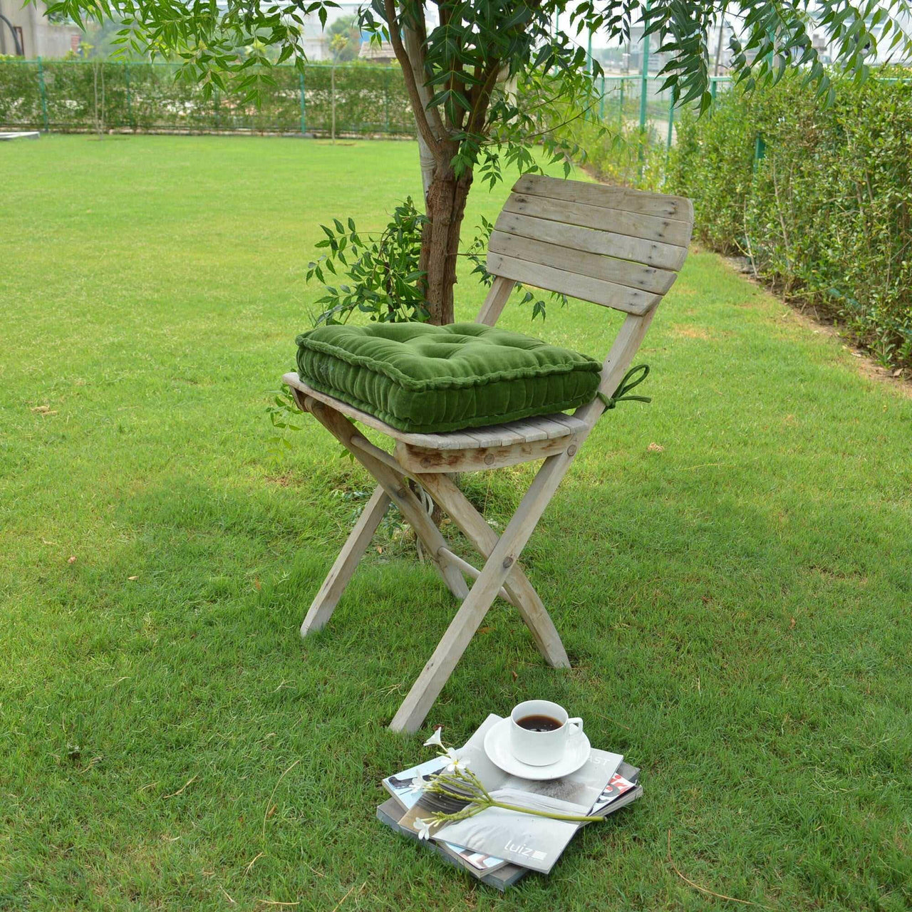 Moss green Cotton Velvet square Chair pad with ties