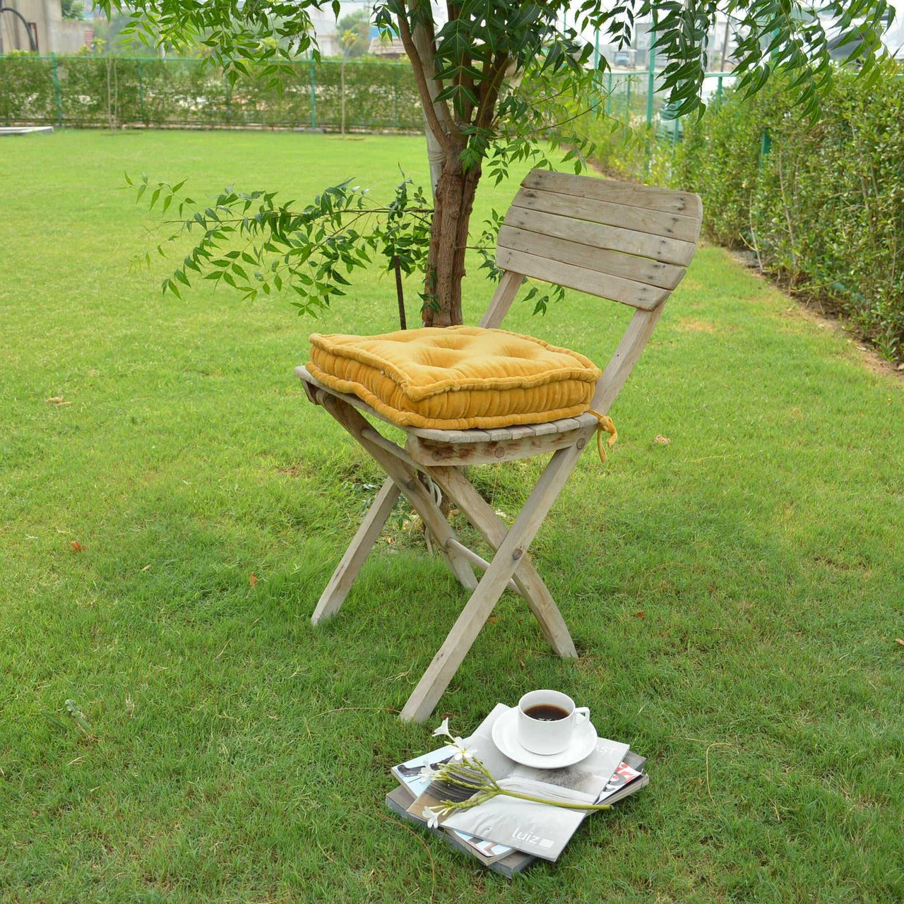 Mustard Cotton Velvet square Chair pad with ties