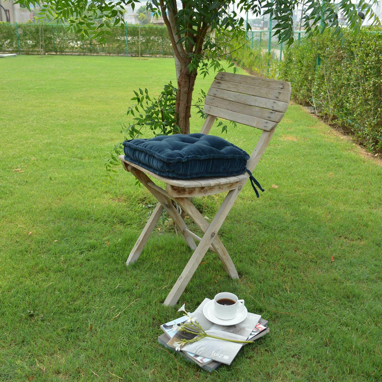 Navy Cotton Velvet square Chair pad with ties