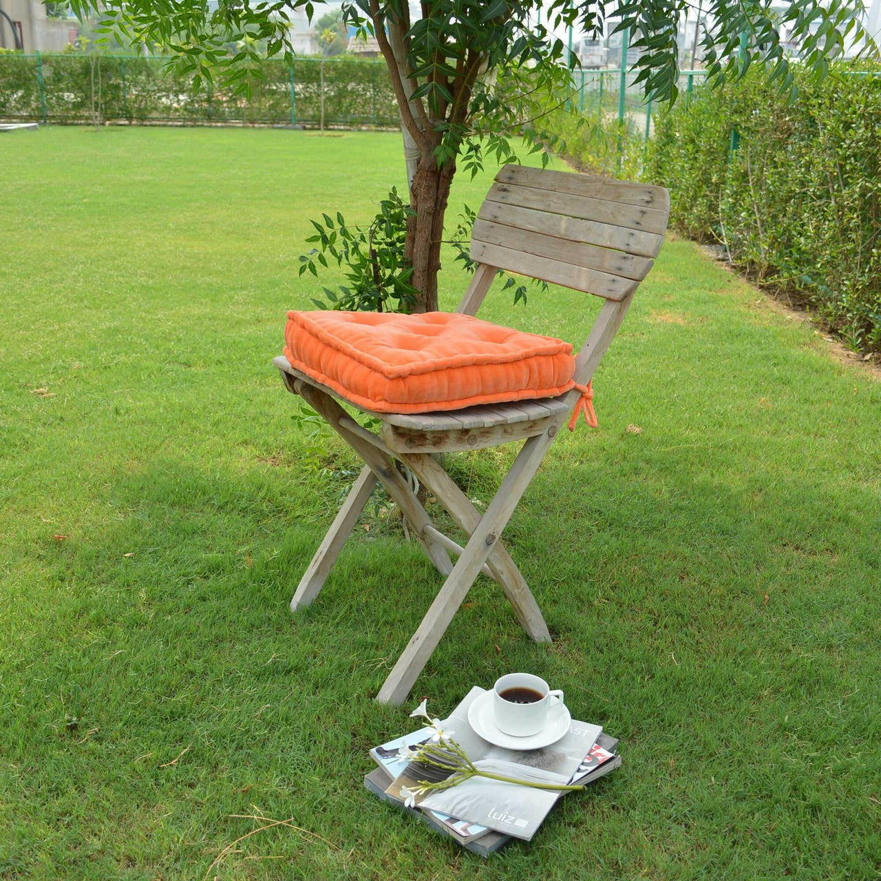 Orange Velvet square Chair pad with ties