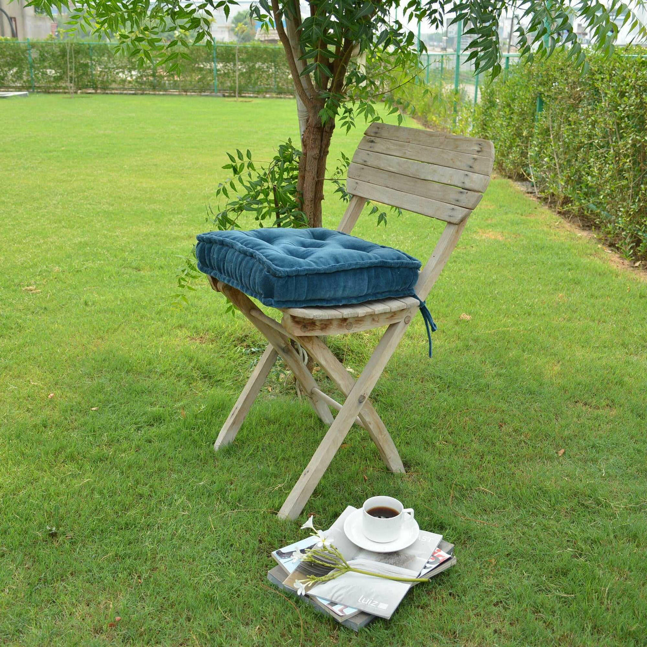 Royal blue Velvet square Chair pad with ties