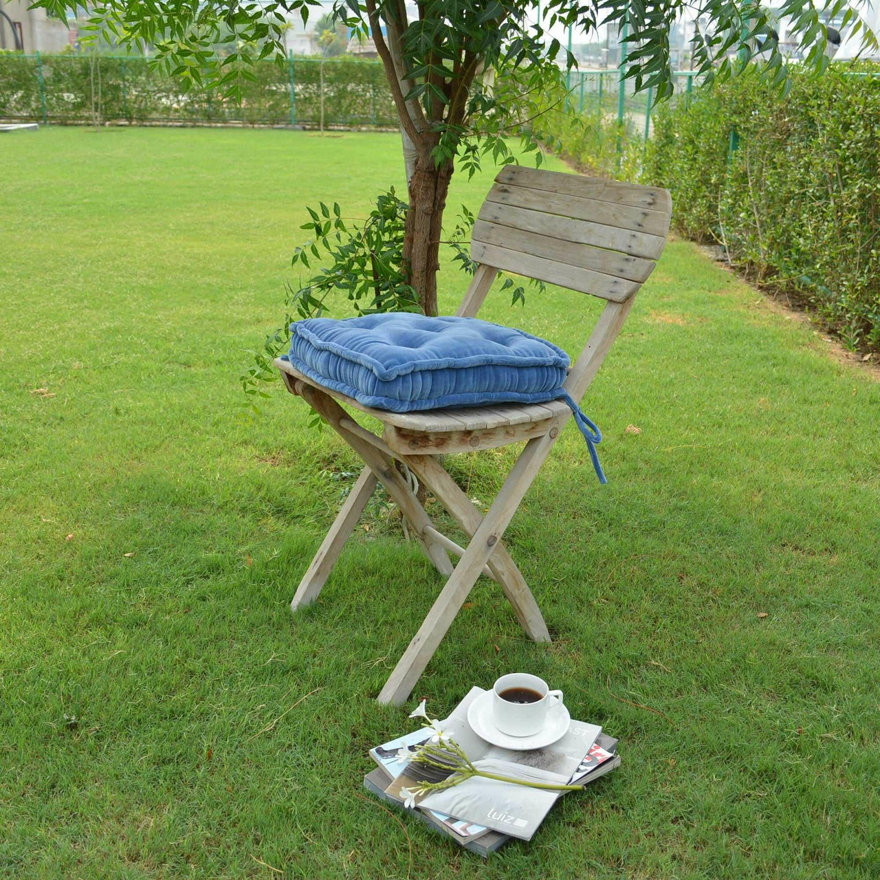 Sky blue Velvet square Chair pad with ties