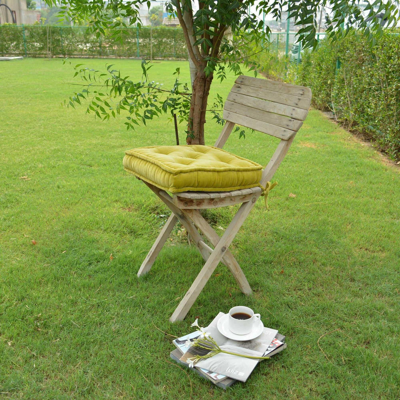 Yellow Velvet square Chair pad with ties